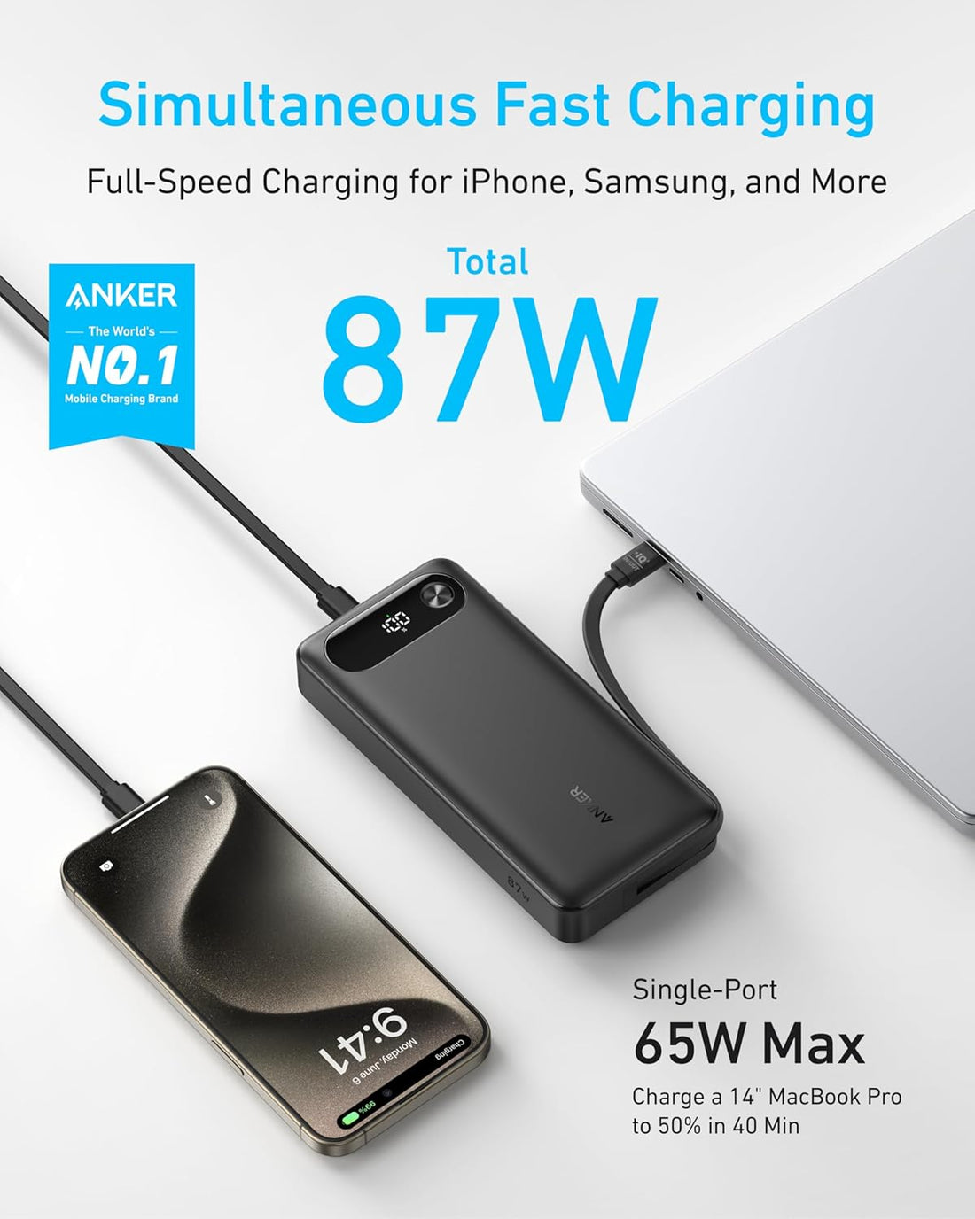 Anker Power Bank 20,000mAH 87W Built-In USB-C Cable - Black | A1383H11