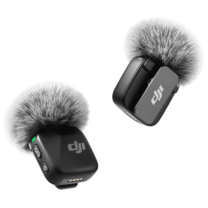Two black audio recording devices with fur windshields on a white background, featuring the DJI logo.