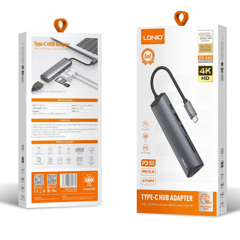 Adapter Hub LDNIO USB-C 6-in-1 - 4K HDMI - PD 100W Charging - Black | DS-56H
