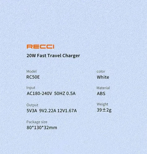 Adapter PD RECCI 20W USB-C | RC50E - Local Warranty