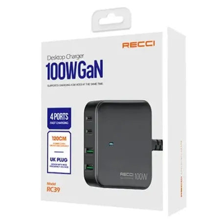 Desktop Charger RECCI 100W GaN 4-Port UK Plug | RC39 - Local Warranty