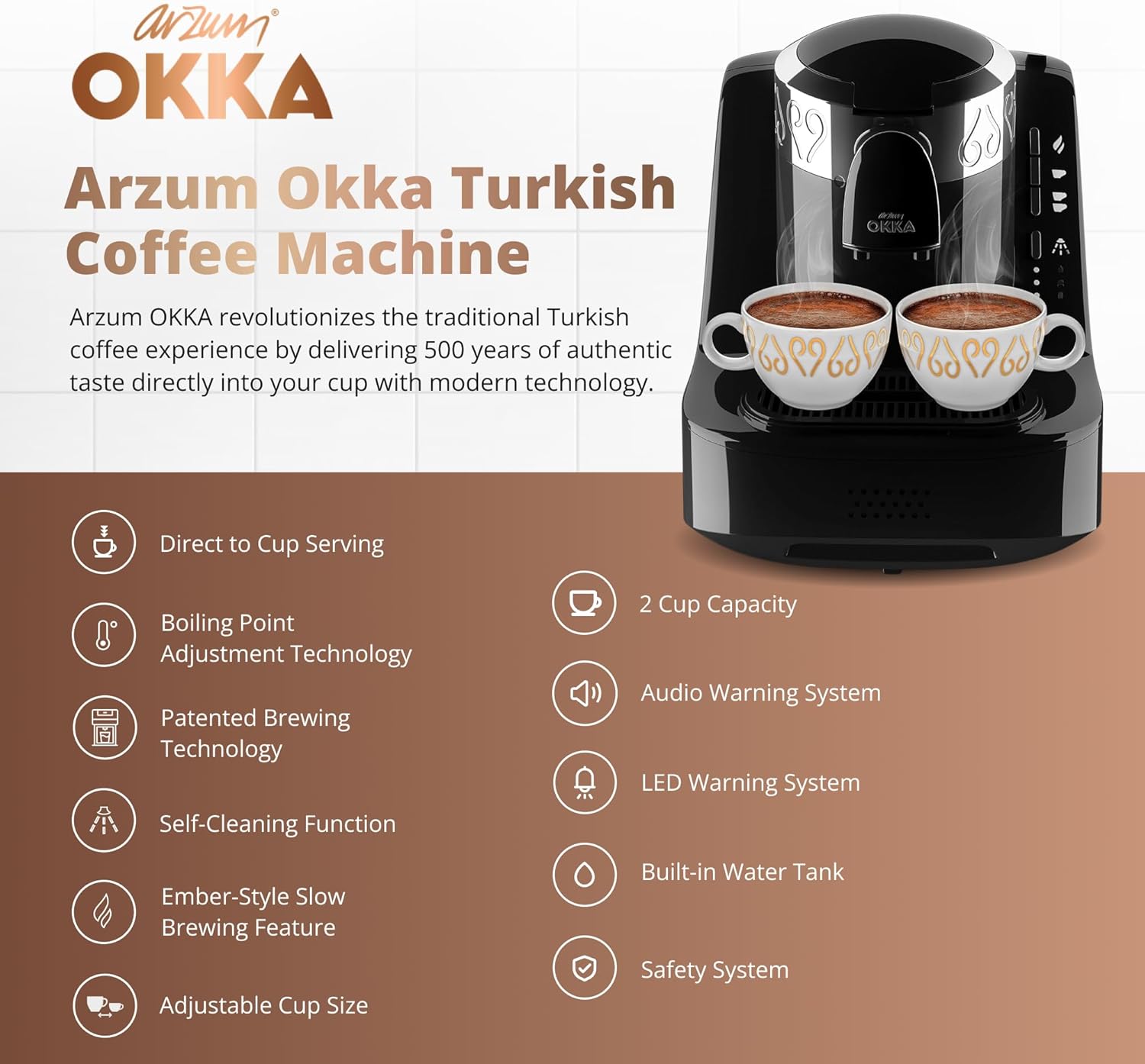 Arzum Okka Turkish Coffee Machine 710 Watt - OK002-26 - Black x Silver - Local Warranty