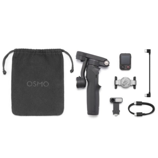 Osmo handheld gimbal set with a black drawstring storage pouch, gimbal handle, remote control, mounting accessories, and a USB-C cable on a white background.