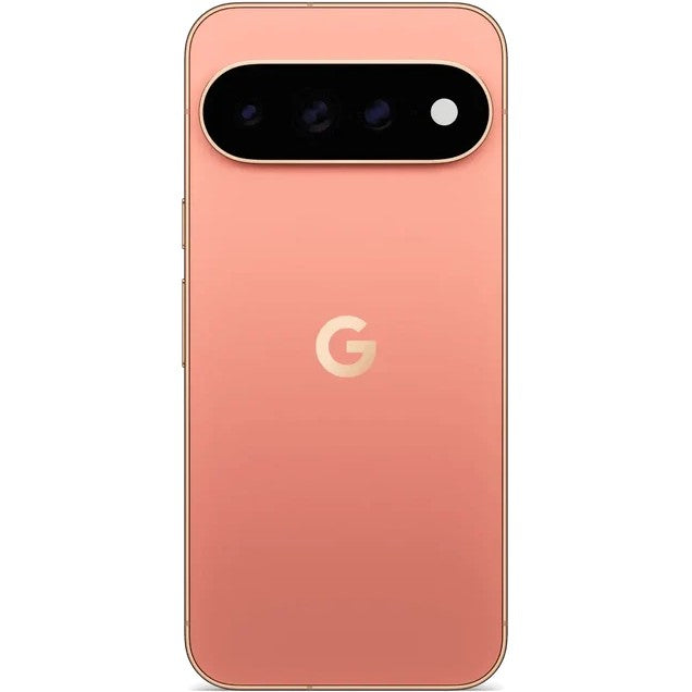 Google Pixel smartphone shown from the back and front, in a rose gold finish with a large black camera bar and a matching rose gold Google logo on a white background.
