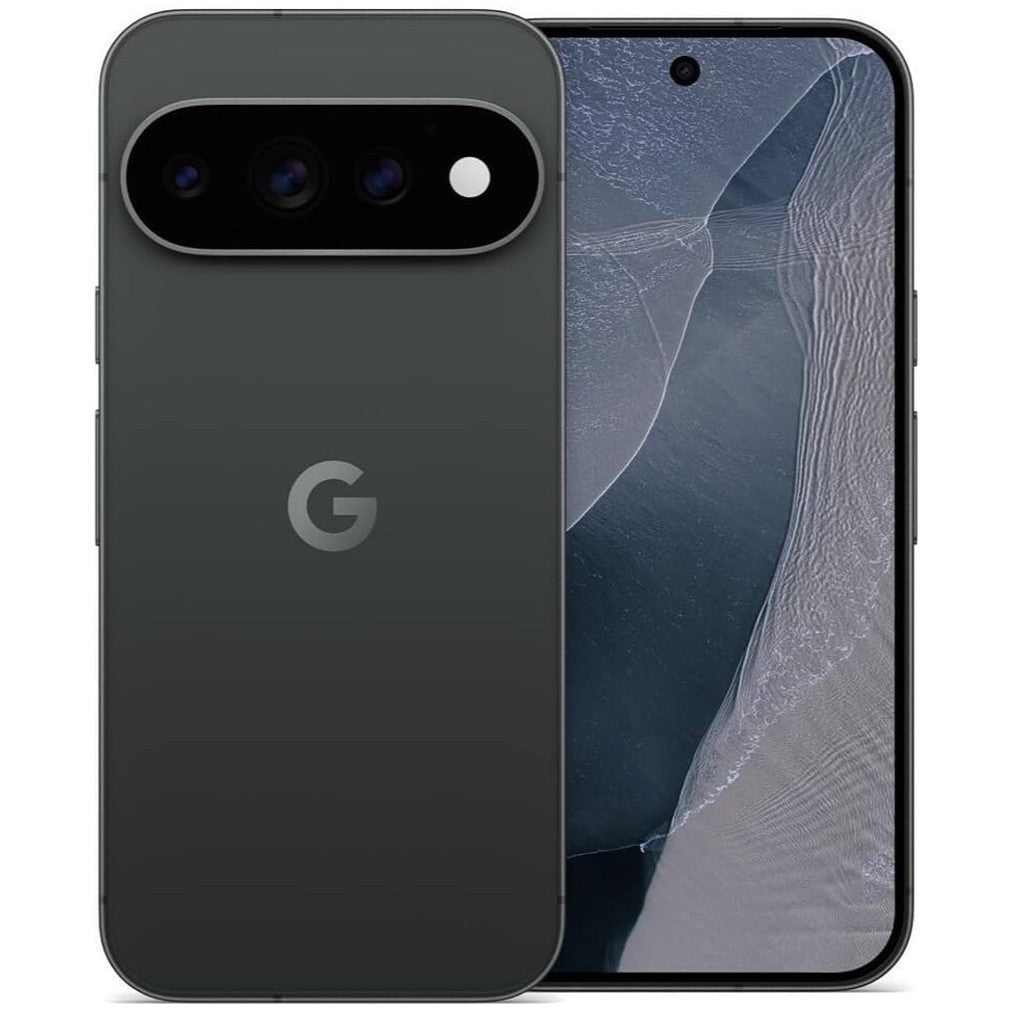 A Google smartphone shown from the back and front, featuring a dark gray matte finish with a large multi-lens camera bar and a silver Google 'G' logo on the back. The front display is on and shows a blue-gray abstract wallpaper.