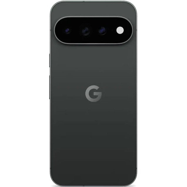 The back of a dark gray Google Pixel smartphone, featuring a triple-camera system in a black bar near the top and the Google 'G' logo in the center, set against a plain white background.