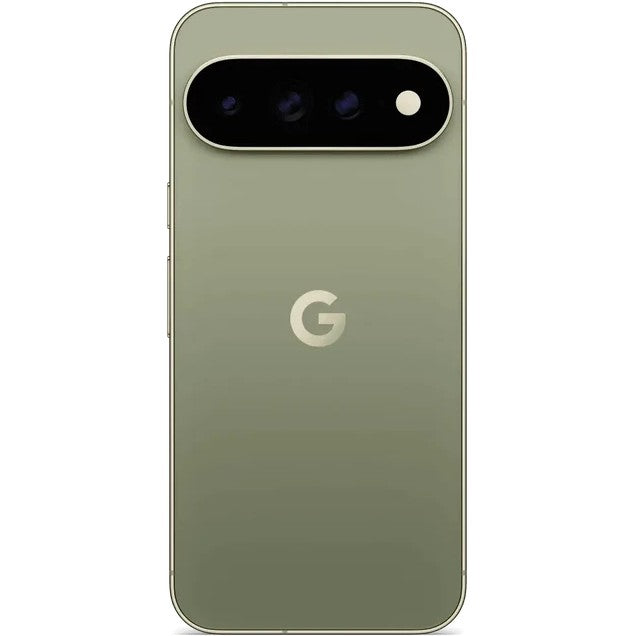 The back of a Google smartphone in a muted sage green color, featuring a large black camera bar with multiple lenses and a silver Google 'G' logo in the center.