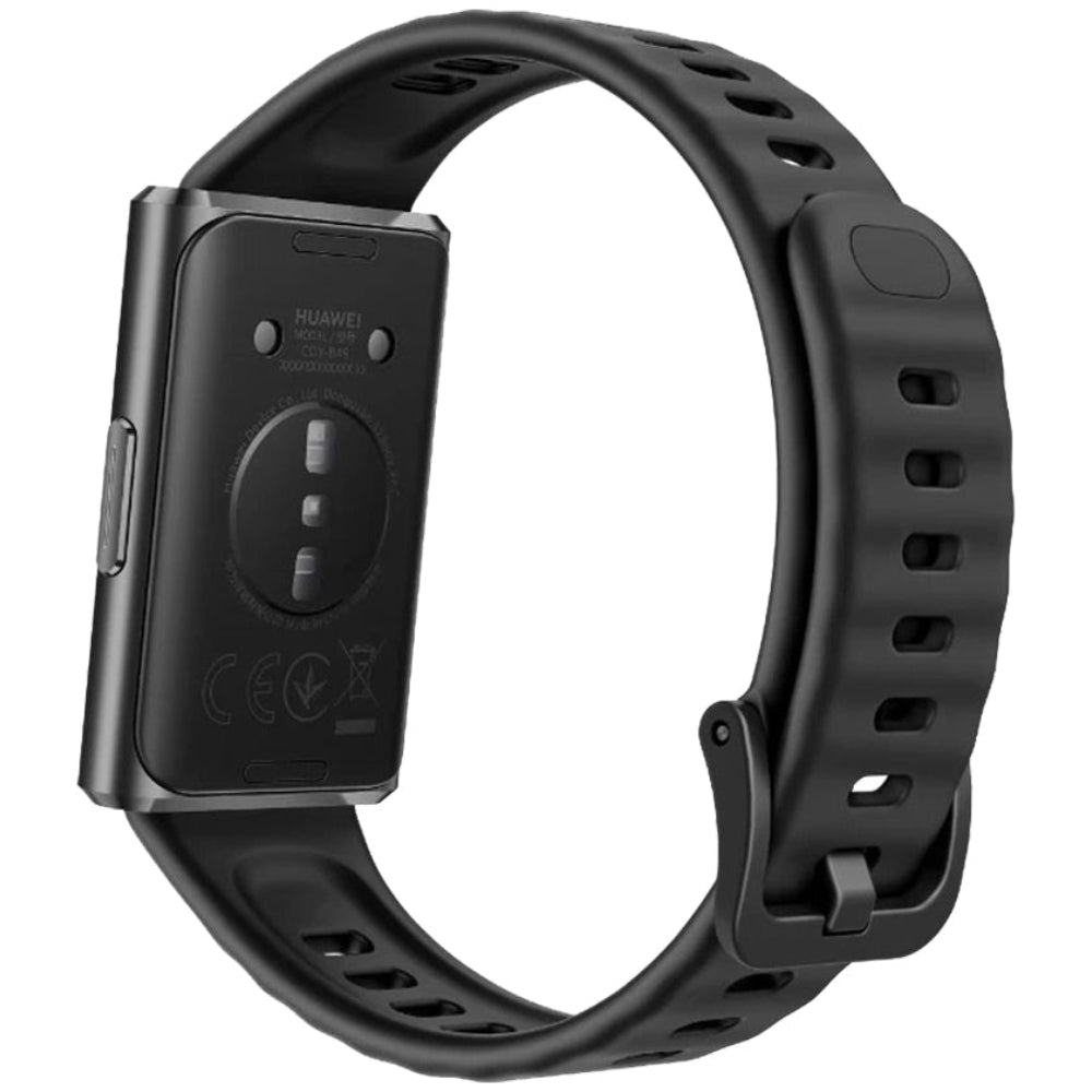 Black smartwatch band with visible brand logo on a white background