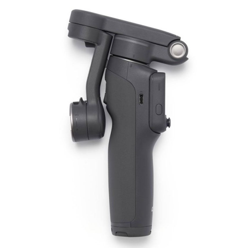 A dark gray handheld gimbal camera accessory, shown from a top-down angle on a clean white background.