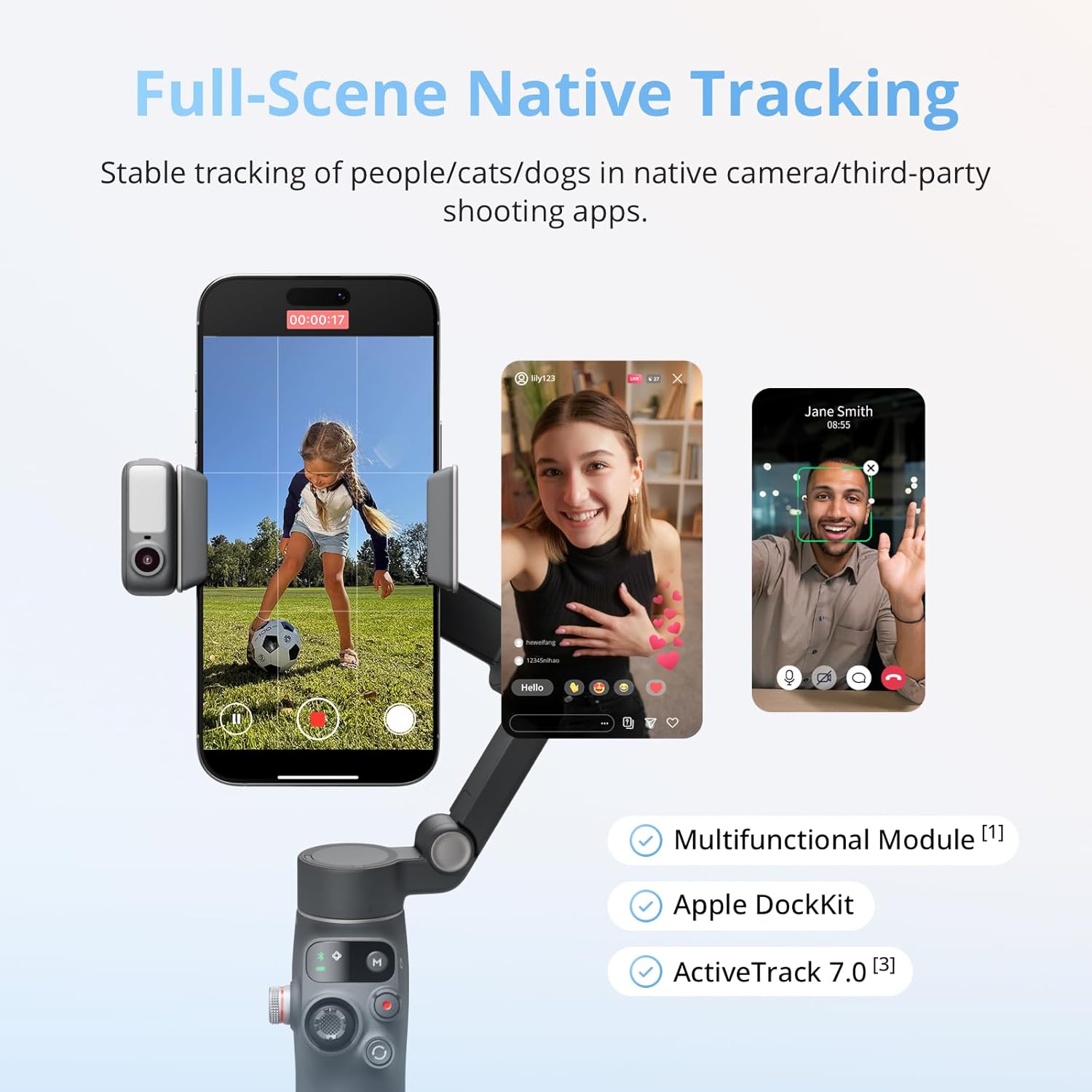 Multifunctional camera module with smartphone app interface on a light gray background