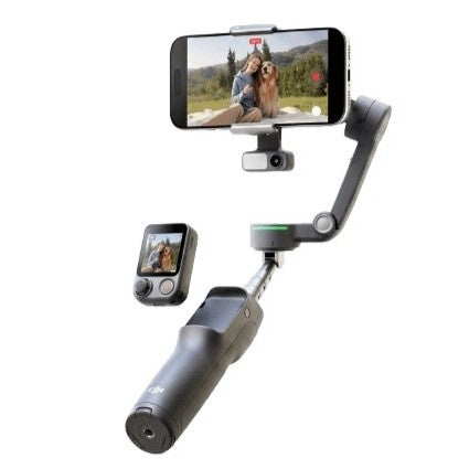 A black handheld selfie stabilizer with a smartphone mounted at the top and a smaller screen view inset, shown on a plain white background.