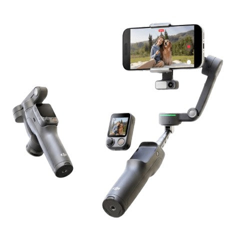 A DJI handheld gimbal shown in multiple angles on a white background, with a smartphone mounted at the top and a small screen display shown separately. The phone screen displays a video call or selfie scene, but that on-screen content is not the product color identity.