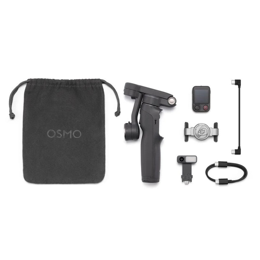 Osmo smartphone accessories including a grip, mount, and cable on a white background.