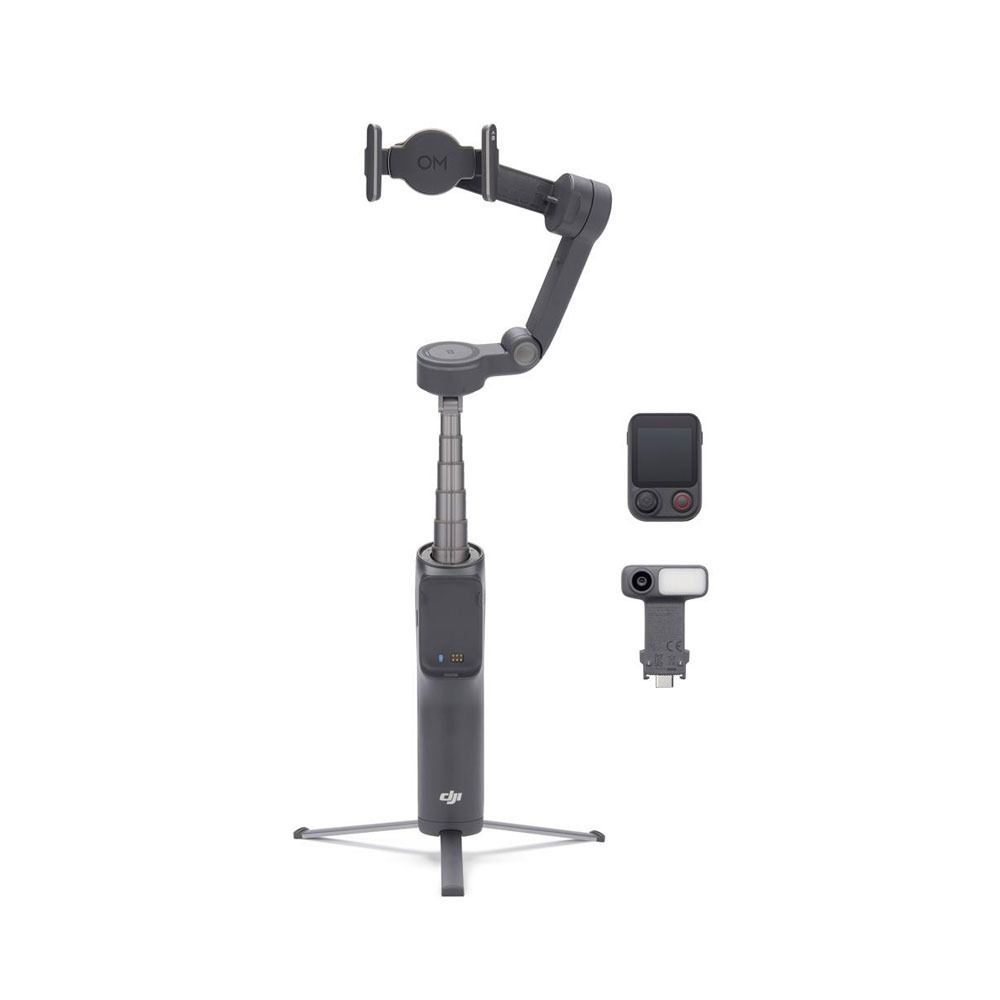 A dark gray DJI gimbal selfie stick with a tripod base, shown with two accessories (a small rectangular remote and a handheld camera) on a plain white background.