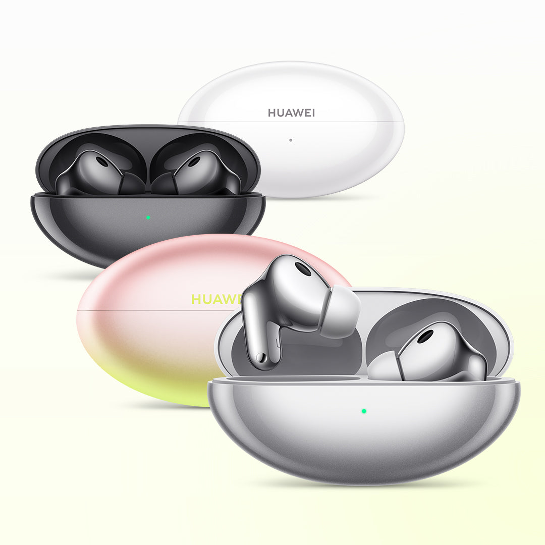 HUAWEI FreeBuds Neo wireless earbuds with active noise cancellation and charging case in Stellar Silver, Nebula Pink, Starry Black, and Ice White.