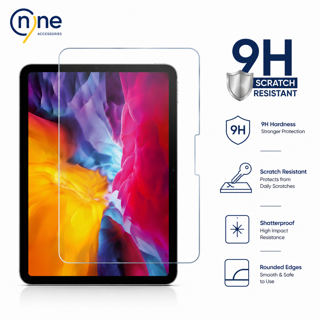NINE Tempered Glass Screen Protector for iPad Clear - Anti-Shock & Smooth-Touch