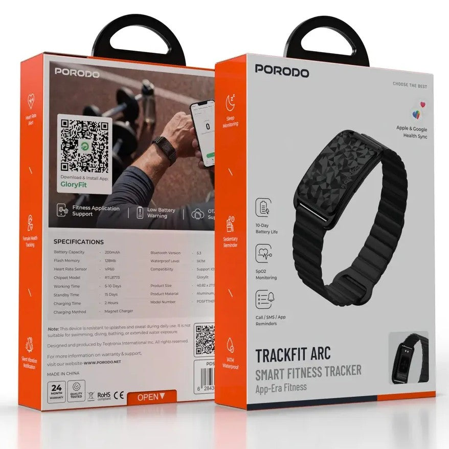 Porodo TrackFit Arc Smart Fitness Tracker With App-Era Fitness & Silicone Strap