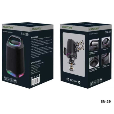 Two views of the SNZOU SN-29 Portable Speaker packaging box on a white background, showing the front and back of the black retail box with product imagery and specifications.