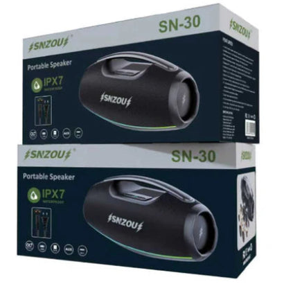Two retail boxes of SNZOU portable speakers, model SN-30, stacked vertically on a plain white background. The packaging is dark navy blue with a gray top band and features a graphic of the black speaker.