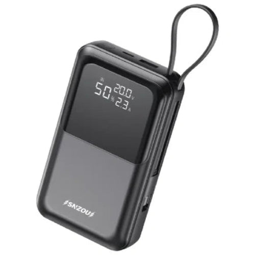 Black power bank with digital display on a white background