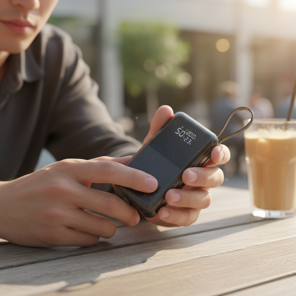 A close-up lifestyle shot of a person holding a black rectangular electronic device with a wrist strap and a digital display showing battery percentage, set on a wooden table next to an iced coffee.