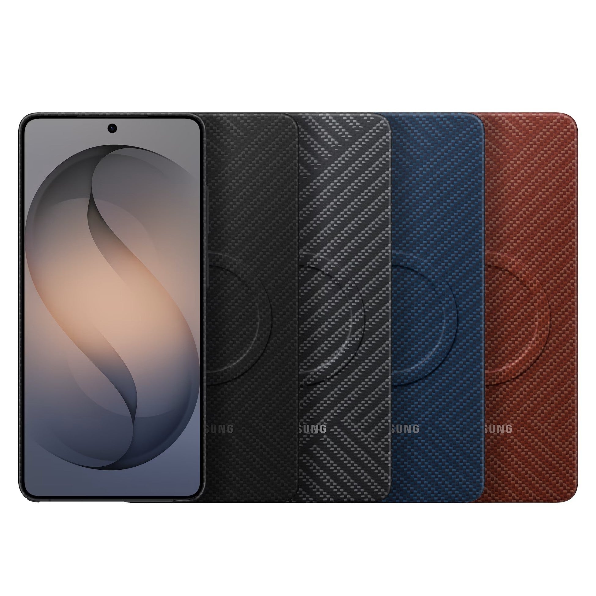 Samsung Galaxy S26 Ultra smartphone shown in front of four folio-style protective cases in black, dark gray, dark blue, and red all in carbon fiber