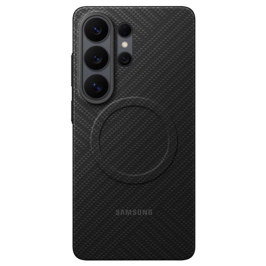 A black Samsung smartphone case with a carbon fiber texture pattern, featuring a circular MagSafe-compatible ring on the back and the Samsung logo printed near the bottom.
