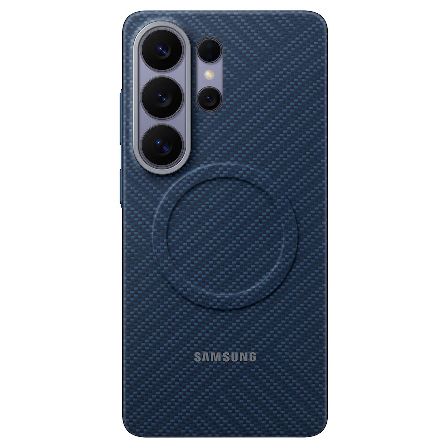 A dark blue Samsung Galaxy S26 Ultra phone case with a carbon fiber texture, featuring a circular MagSafe-compatible ring on the back.