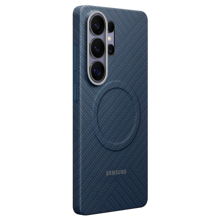 A dark blue Samsung Galaxy S26 Ultra phone case with a carbon fiber texture, featuring a circular MagSafe-compatible ring on the back.