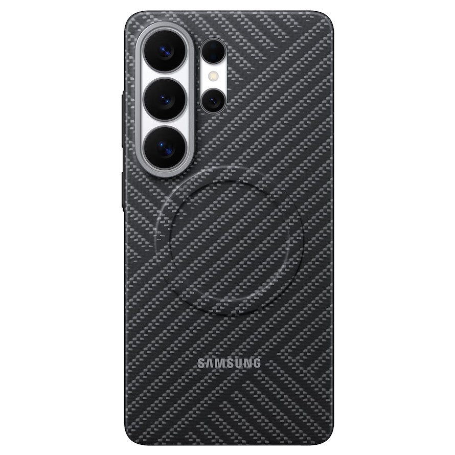 A Samsung smartphone case featuring a Dark Gray carbon fiber pattern with a circular MagSafe-compatible ring area, shown on a white background.