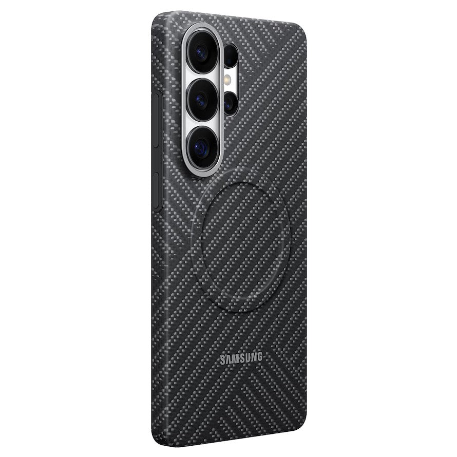 A Samsung smartphone case with a Dark Gray carbon fiber pattern, featuring a circular MagSafe-compatible ring on the back.