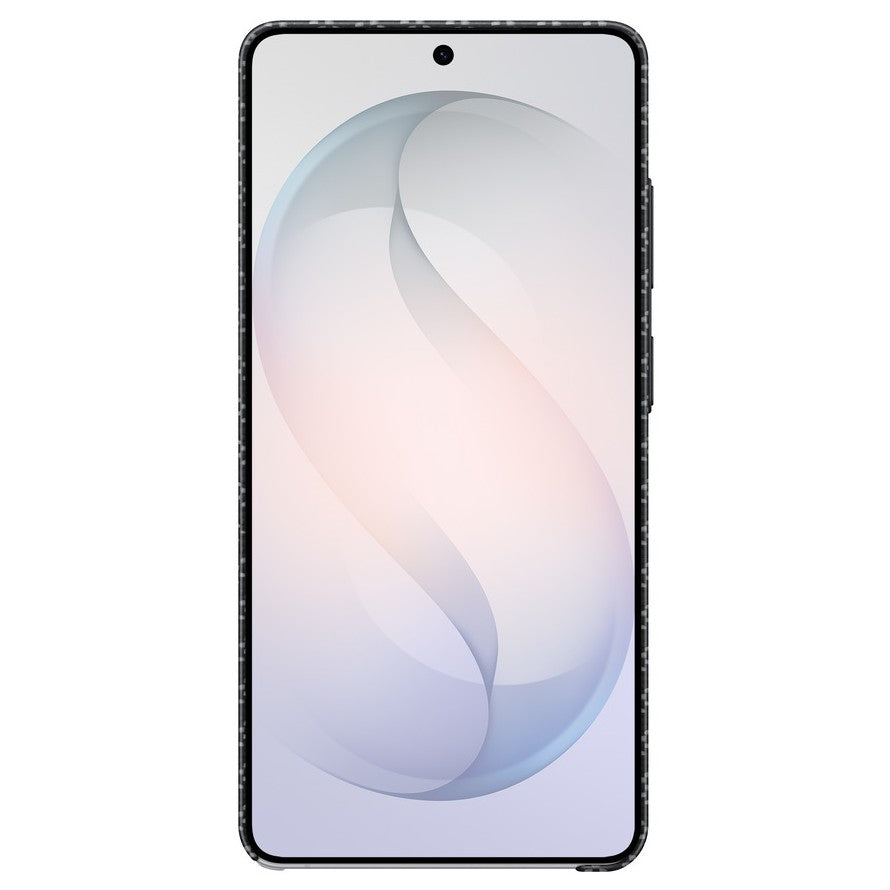 A black protective phone case with a subtle textured pattern, shown on a smartphone with a blank screen displaying a light-colored abstract wallpaper.