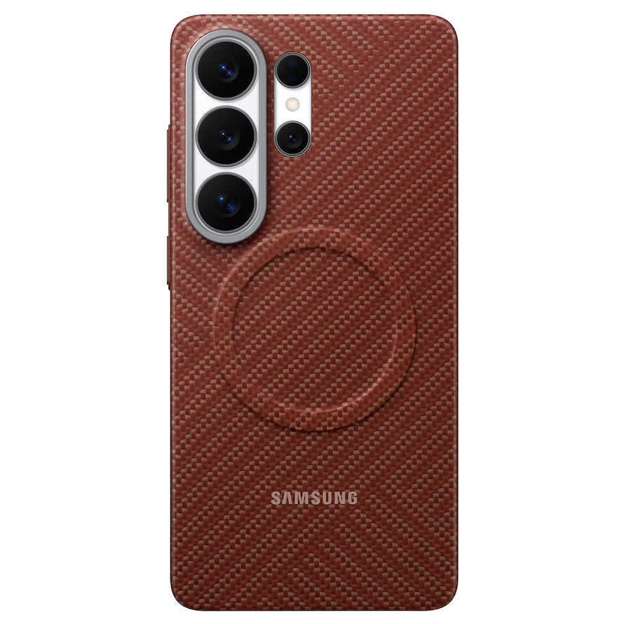 A Samsung smartphone case with a red textured carbon-fiber-style pattern and a circular MagSafe-compatible ring on the back, shown on a white background.