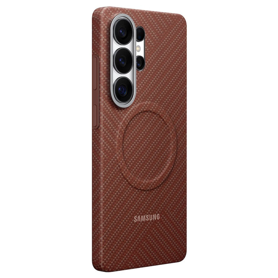 A Samsung smartphone case in a textured reddish-red finish with a circular MagSafe-compatible ring on the back, shown on a plain white background.