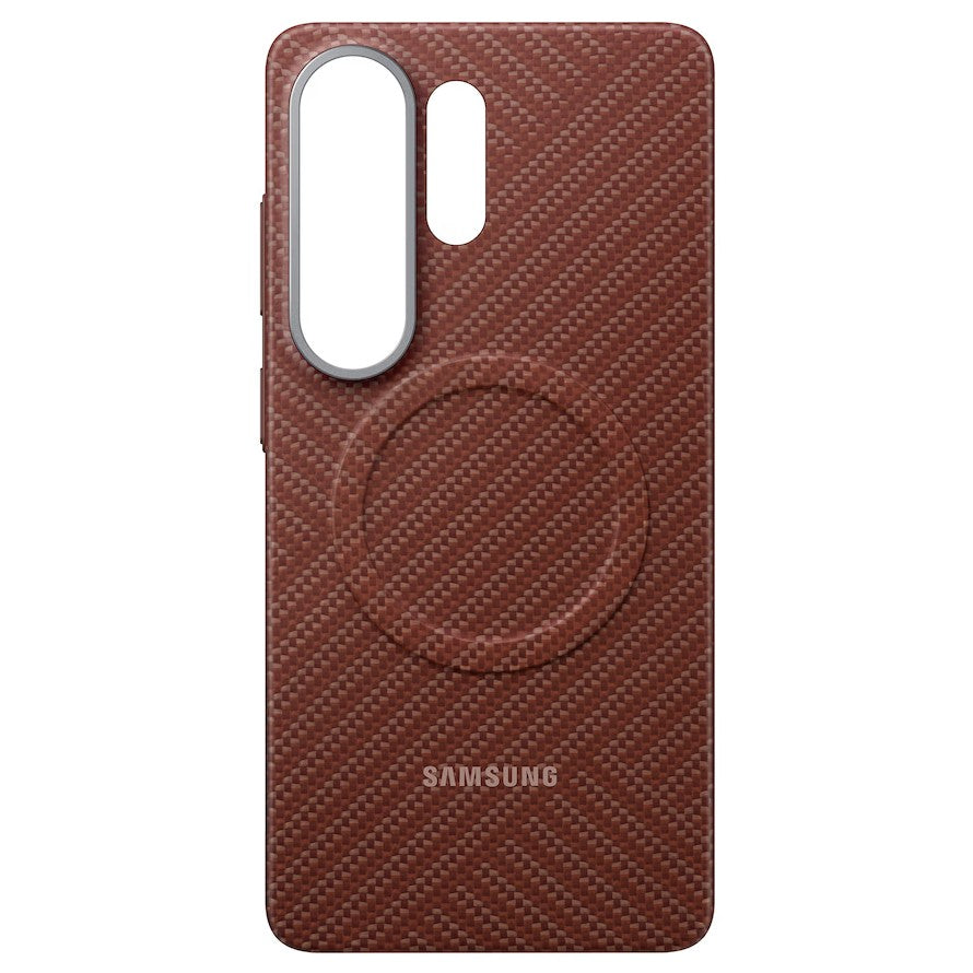 A Samsung Galaxy phone case with a red carbon fiber pattern and a circular MagSafe ring, shown on a plain white background.