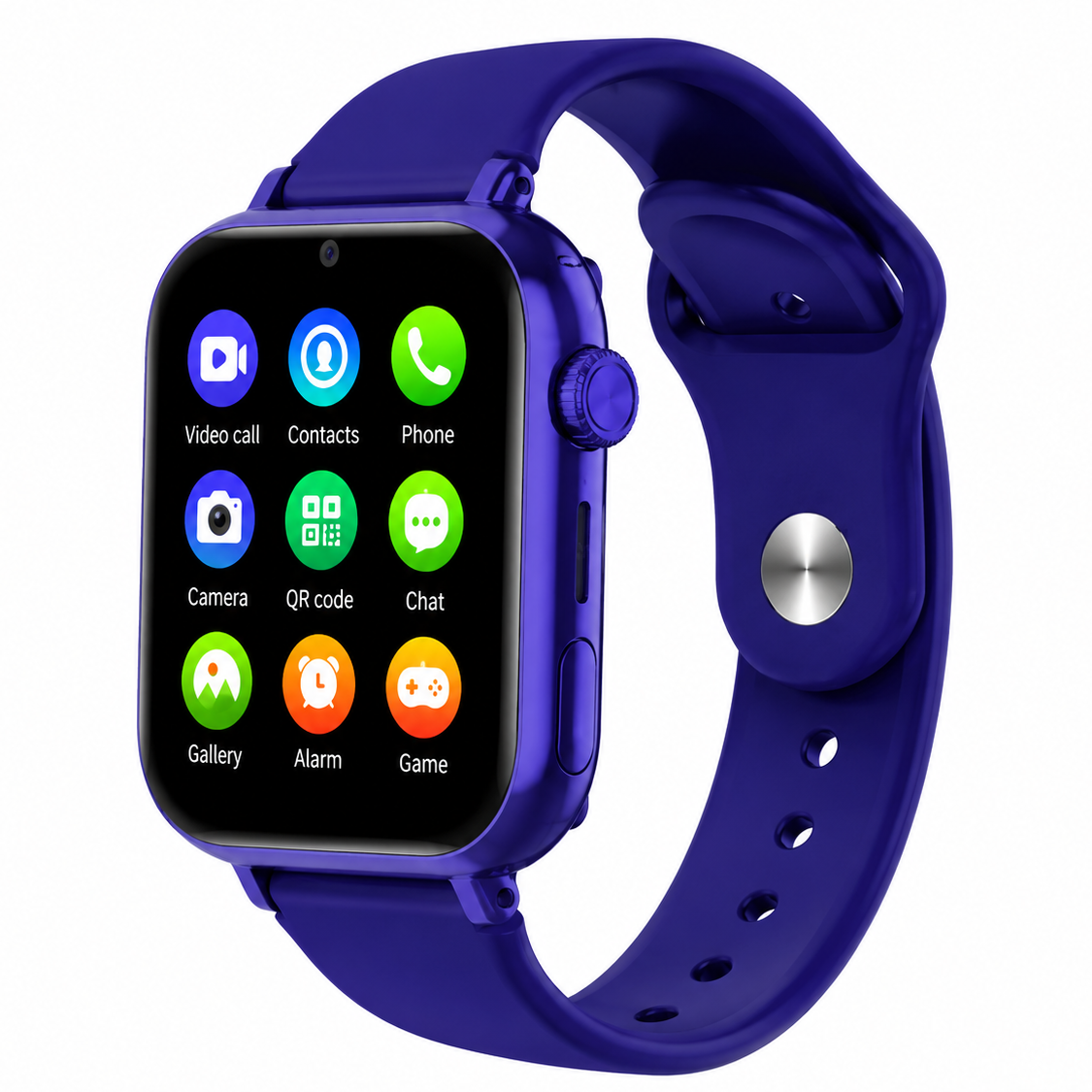 A smartwatch with a vibrant purple-blue metallic case and matching silicone strap, featuring a colorful digital display on a clean white background.