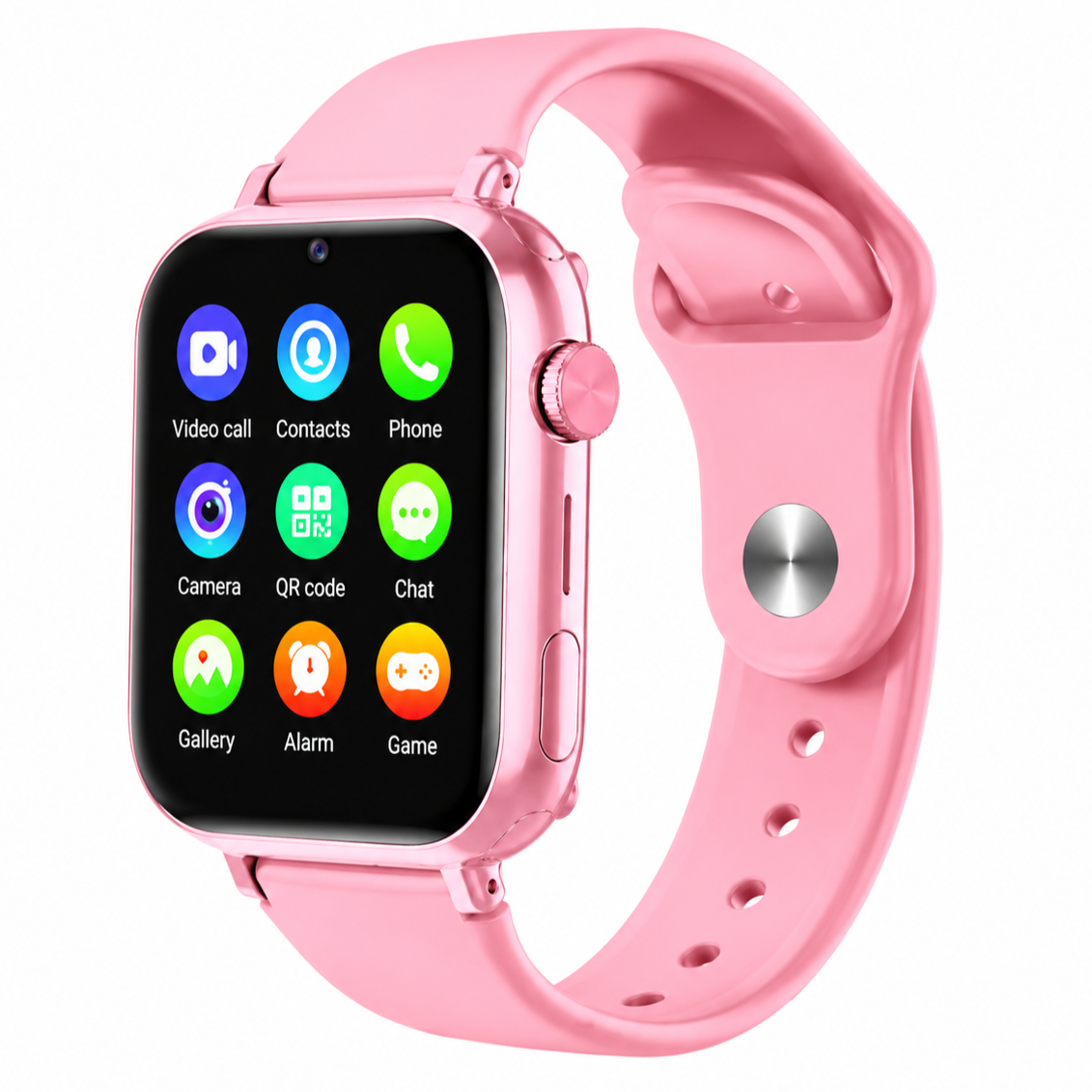 A pink smartwatch with a rectangular black screen displaying colorful app icons, a metallic pink case, and a matching pink silicone strap on a white background.