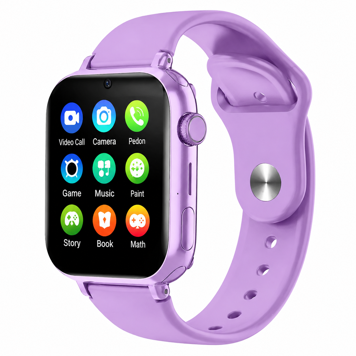 A kids' smartwatch with a lavender purple silicone strap and a matching purple metallic case, featuring a black screen with colorful app icons and a silver metal buckle.