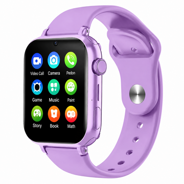 A kids' smartwatch with a lavender purple silicone strap and a matching purple metallic case, featuring a black screen with colorful app icons and a silver metal buckle.