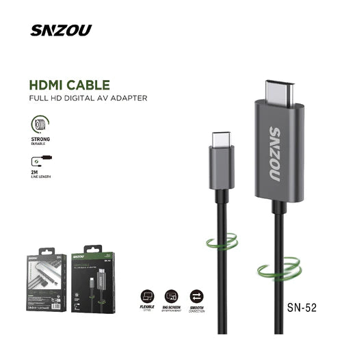 SNZOU HDMI cable full HD digital AV adapter, 2m long, shown with its retail packaging on a white background.