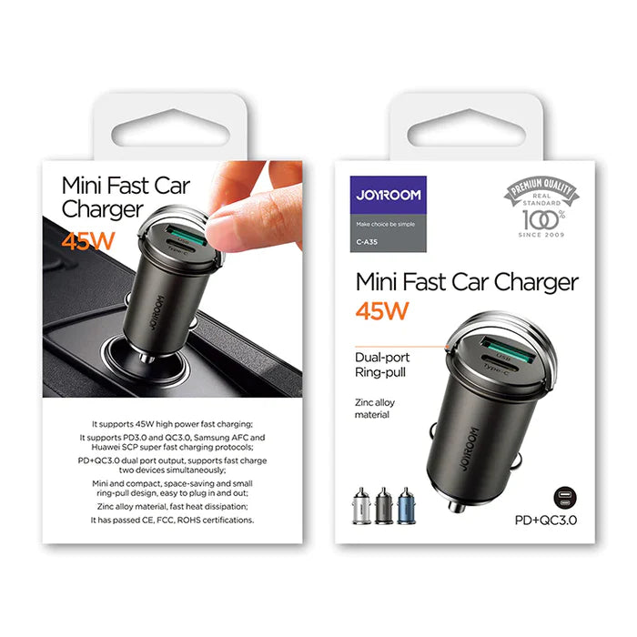 Car Adapter JOYROOM Mini 45W C-A35 - Dual Ports - with Pull Ring - Local Warranty