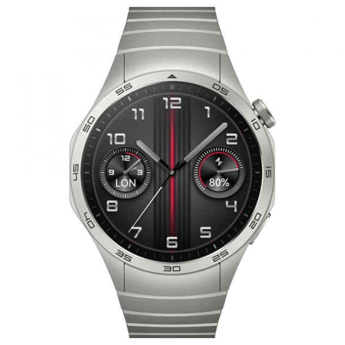 Silver smartwatch with a black dial on a white background
