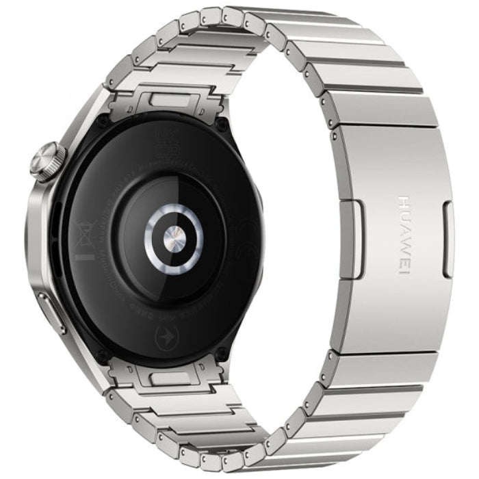 Silver smartwatch with metallic band on a white background