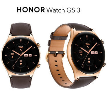Honor Watch GS 3 with black and brown strap on a white background