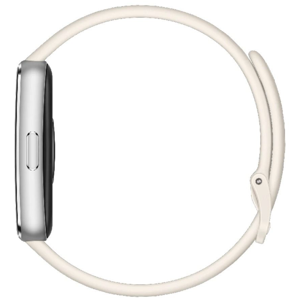 White fitness tracker with a silver band on a white background