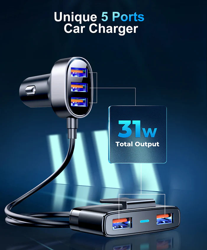 Car Charger JOYROOM IQ JR-CCD03 - 5 USB-A Ports - with Extended Cable to Back Seats - Local Warranty