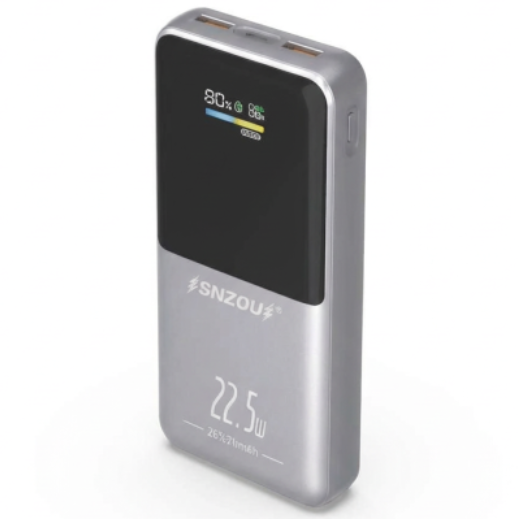 A silver and black SNZOU portable power bank with a digital display showing 80% battery level and 22.5W charging speed, set against a plain white background.