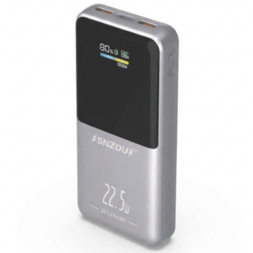 A silver and black SNZOU portable power bank with a digital display showing 80% battery level and 22.5W charging speed, set against a plain white background.