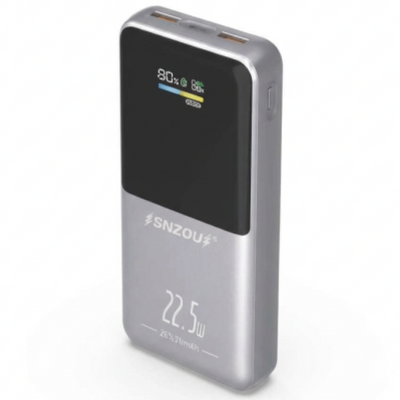 A silver and black SNZOU portable power bank with a digital display showing 80% battery level and 22.5W charging speed, set against a plain white background.
