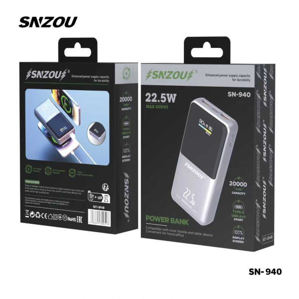 Powerbank 22.5W SNZOU 20,000 mAh | SN-940 - Local Warranty - Box Contents